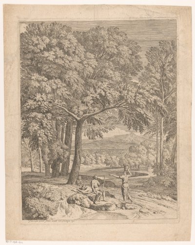 Paisaje arcádico con dos hombres y una mujer que llevan una cesta Suite de paysages (título de la serie) de Théodore