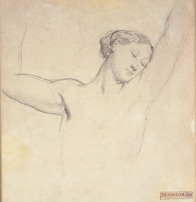 Modelo femenina, medio cuerpo con brazos levantados de Théodore Chassériau