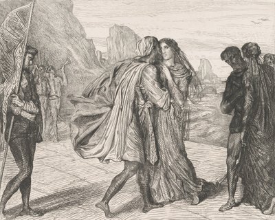 ¡Oh mi valiente guerrero!: placa 5 de Othello Acto 2, Escena 1 de Théodore Chassériau