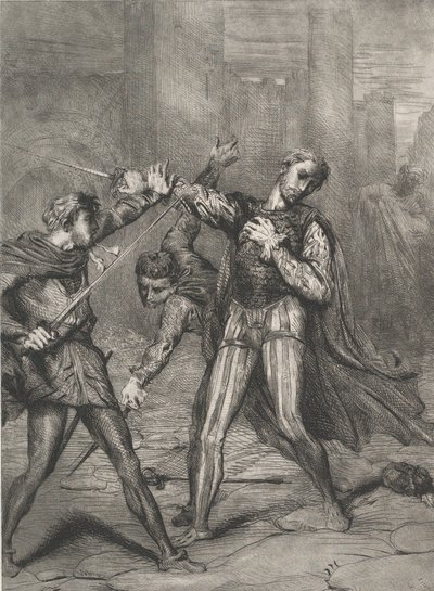 Villano, mueres: placa 10 de Othello Acto 5, Escena 1, grabado 1844, reimpreso 1900 de Théodore Chassériau