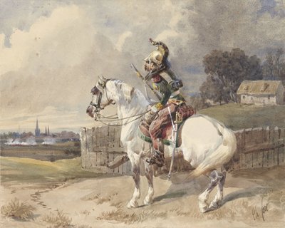 Dragón francés sobre un caballo blanco, girado a la izquierda, de perfil de Théodore Fort (signed by artist)
