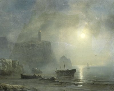 Vista de una costa rocosa a la luz de la luna de Théodore Gudin (attributed to)