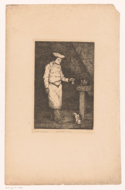 Interior oscuro con un cocinero sosteniendo un trozo de carne para un gato Le déjeuner du chat (título sobre objeto) Eaux-Fortes Modernes: Originales et Inédites (título de la serie) de Théodule Augustin Ribot