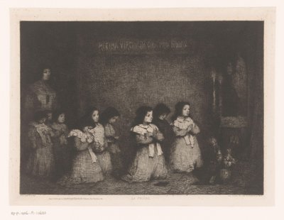 Grupo de niñas en oración frente a una estatua de María La Priere (título sobre objeto) Eaux-Fortes Modernes: Originales et Inédites (título de la serie) de Théodule Augustin Ribot