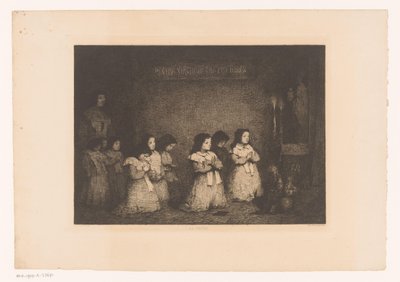 Grupo de niñas en oración frente a una estatua de María La Priere (título sobre objeto) Eaux-Fortes Modernes: Originales et Inédites (título de la serie) de Théodule Augustin Ribot