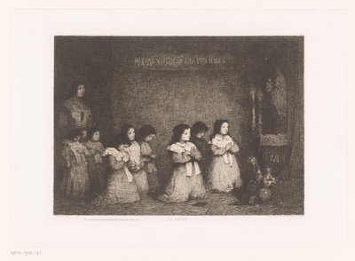 Grupo de niñas en oración frente a una estatua de la Virgen María
La Prière (título en el objeto)
Eaux-Fortes Modernes: Originales et Inédites (título de la serie) de Théodule Augustin Ribot