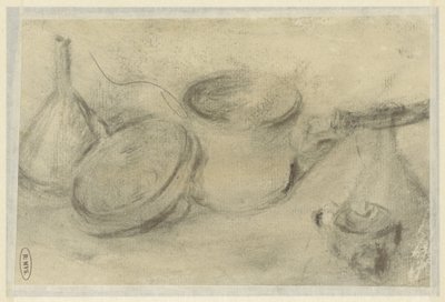 Boceto de un bodegón de cacerolas y una botella de Théodule Augustin Ribot