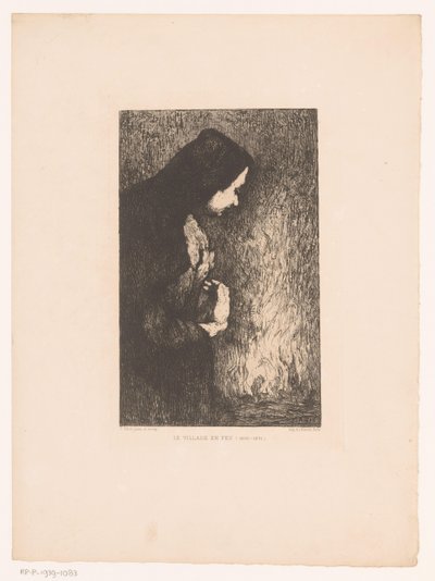 Mujer de pie mirando a un pueblo en llamas al fondo
Le Village en Feu (título en el objeto) de Théodule Augustin Ribot