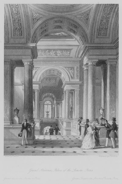 Gran Escalera, Palacio del Louvre, París (grabado) de Thomas (after) Allom
