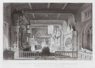 Interior de la Iglesia de Bottesford, Leicestershire, Monumentos a los Condes de Rutland (grabado) de Thomas (after) Allom