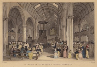 Interior de la Iglesia de San Andrés, Plymouth, Devon (grabado coloreado) de Thomas (after) Allom