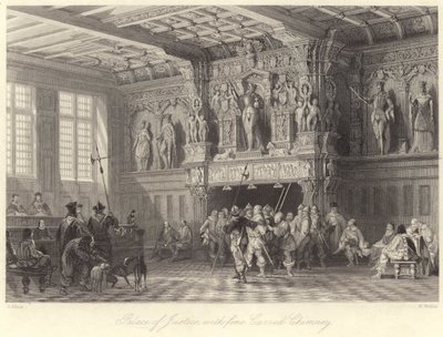 Palacio de Justicia, con fina chimenea tallada, Brujas (grabado) de Thomas (after) Allom