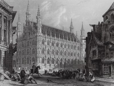 Ayuntamiento de Lovaina, con parte de la catedral (grabado) de Thomas (after) Allom