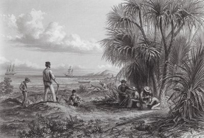 Australia: Campamento de exploradores (grabado) de Thomas (after) Baines