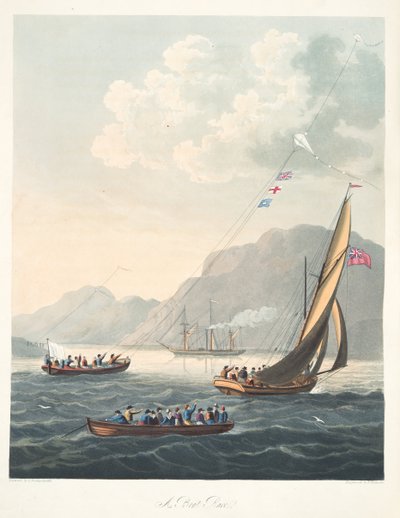Una carrera de botes, de "El arte aeroplástico, o la navegación en el aire, mediante el uso de cometas o velas flotantes", pub. 1827 de Thomas (after) Butterworth