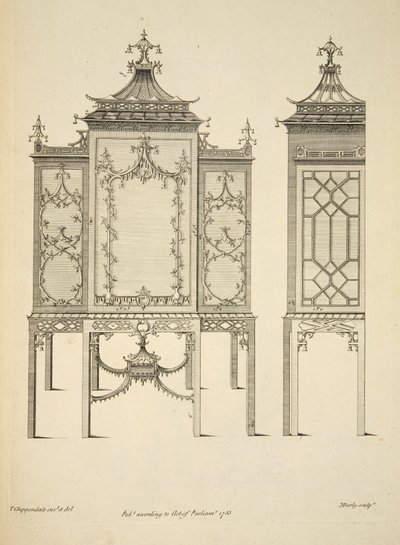 Diseño para una vitrina de porcelana, pub. 1753 (grabado) de Thomas (after) Chippendale