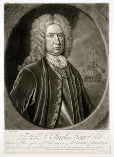 Retrato de Sir Charles Wager (1666-1743) Almirante del Escuadrón Azul, grabado por John Faber 1732 de Thomas (after) Gibson