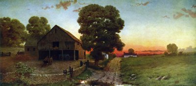 Un atardecer en New Hampshire", c1910. Según Thomas Moran (1837-1926), artista estadounidense nacido en Inglaterra. Estados Unidos Paisaje Pasture Track Farmyard Barn Cart Tree Sky Evening de Thomas (after) Moran