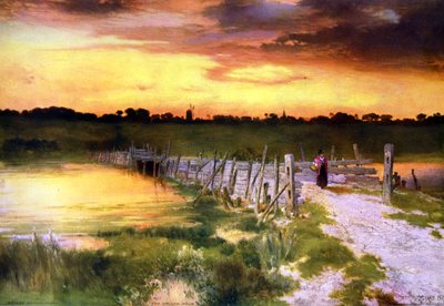 La hora dorada", c1912. Según Thomas Moran (1837-1926), artista estadounidense nacido en Inglaterra. Paisaje Atardecer Río Carretera Puente Madera Paz Tranquilidad de Thomas (after) Moran
