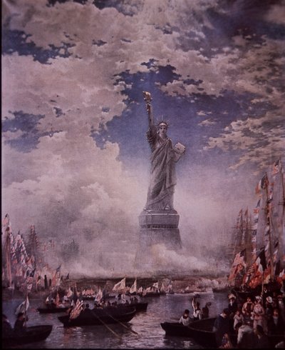 Inauguración de la Estatua de la Libertad en el puerto de Nueva York, 28 de octubre de 1886 (litografía en color) de Thomas (after) Moran