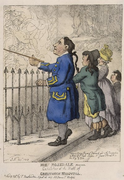 John Rosedale, marinero, guía de visitantes del vestíbulo del Hospital de Greenwich (Inglaterra) de Thomas (after) Rowlandson