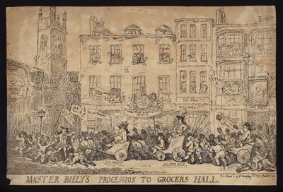 Procesión del Maestro Billy al Grocers Hall; Sátira política sobre la procesión de William Pitt el Joven al Grocers Hall para recibir la libertad de la Ciudad de Londres de Thomas (after) Rowlandson