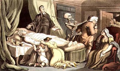 "No hay escena tan feliz a los ojos de la virtud/como cuando el hombre de la virtud muere", de la "Danza inglesa de la muerte" publicada por Rudolph Ackermann (1764-1834) 1814 (aguatinta) de Thomas (after) Rowlandson