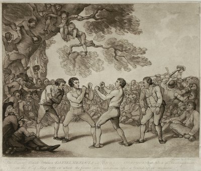 El combate de boxeo entre Daniel Mendoza y Richard Humphreys en Stilton, Huntingdonshire, 6 de mayo de 1789 (grabado por Joseph Grozer) de Thomas (after) Rowlandson