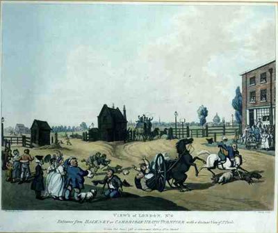 Vistas de Londres, No. 6: Entrada desde Hackney o Cambridge Heath Turnpike con una vista distante de St. Paul