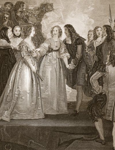 Carlos II recibiendo a la Duquesa de Orleans en Dover, grabado por W. Bromley, ilustración de 