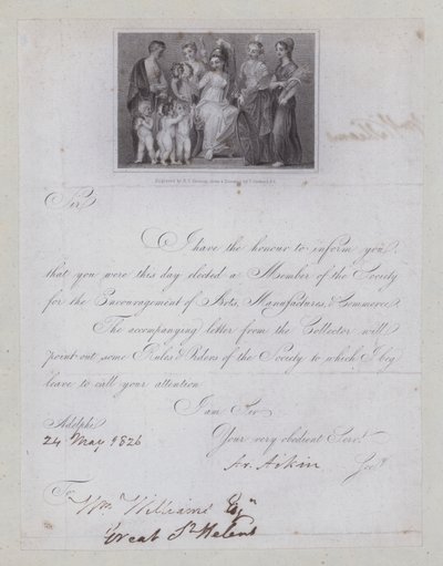 Carta de confirmación de elección a miembro de la Sociedad para el Fomento de las Artes, Manufacturas y Comercio de Thomas (after) Stothard