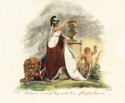 Britannia coronando a John Ray como Príncipe de los Botánicos Ingleses.1806 (grabado) de Thomas (after) Uwins
