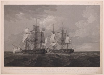 Placa que representa a la Fragata Francesa La Proserpine de 40 Cañones batiendo sus colores a la Fragata de Su Majestad Dryad de 36 Cañones frente al Cabo Clear, el 13 de Junio de 1796... dedicada al Captn... Lord Amelius Beauclerk... de Thomas (after) Whitcombe