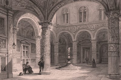 Patio del Palazzo Vecchio en Florencia, Toscana, Italia, grabado en acero de James Tingle (en activo hacia 1830-1860) sobre dibujo de Thomas Allom (1804-1872), 21x15 cm aprox. de Thomas Allom