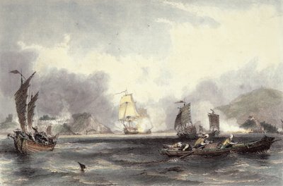 Los barcos HM Imogene y Andromache pasando las baterías de Bocca-Tigris, c.1850 de Thomas Allom