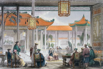 Malabaristas exhibiéndose en el patio del palacio de un mandarín, China, 1843 de Thomas Allom