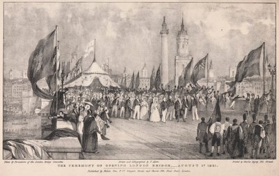 Ceremonia de apertura del Puente de Londres con el Viejo Puente de Londres de fondo de Thomas Allom