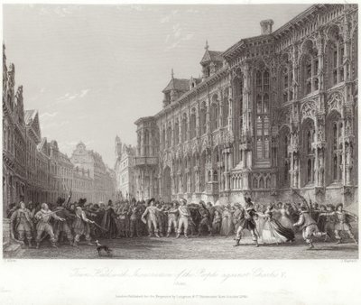 Ayuntamiento con insurrección del pueblo contra Carlos V de Thomas Allom