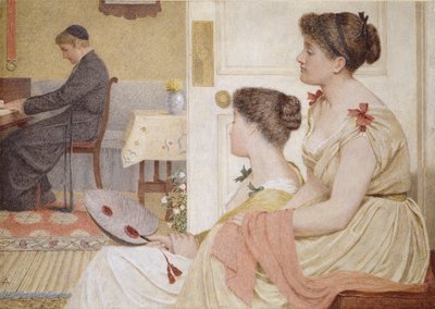 Escena en la sala de estar con un joven sacerdote en el piano, finales del siglo XIX de Thomas Armstrong