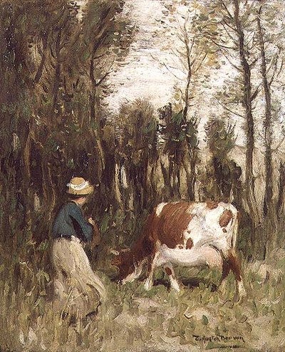 Niña conduciendo una vaca de Thomas Austen Brown