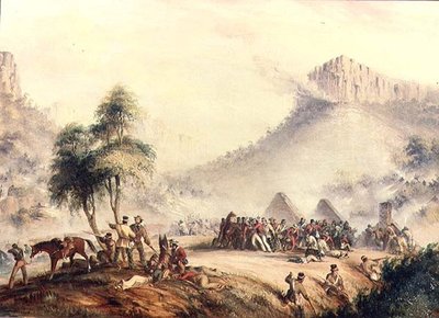 La patrulla del coronel Yarborough atacada en Waterkloof por cafres y hotentotes rebeldes de Thomas Baines