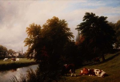 Ganado pastando junto a un río de Thomas Baker