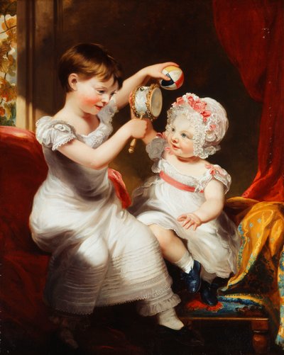 Dos hermanas, sentadas a cuerpo entero en un interior, jugando de Thomas Barber
