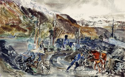 Carro de carbón local y arrastreros, Seydisfjordur, Islandia de Thomas Barclay Hennell