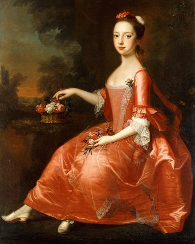 Retrato de una joven dama, sentada a cuerpo entero, con un vestido rojo de Thomas Bardwell