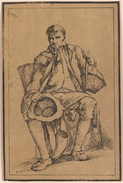 Cuarenta impresiones litográficas de dibujos de paisajes de Thomas Barker, seleccionadas de sus estudios de figuras rústicas según la naturaleza: [Hombre sentado con cestas con sombrero y bastón de Thomas Barker
