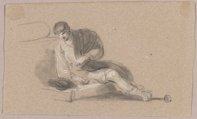 Hombre sentado apuntando hacia abajo (anverso y reverso) de Thomas Barker