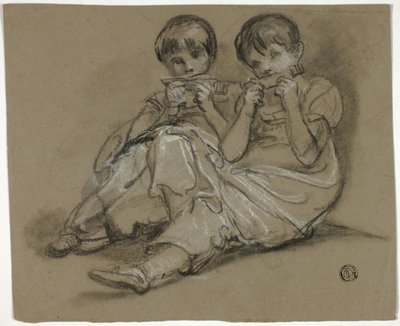 Dos chicas tocando peines (recto); Boceto de mujer sentada con fragmento de otra figura (verso) de Thomas Barker