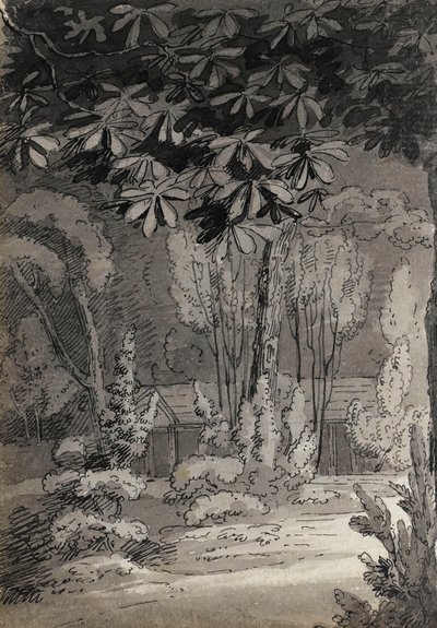 Vista a través de los árboles hacia un edificio de una sola planta (verso) de Thomas Baxter
