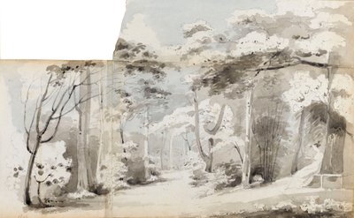 Una mujer joven, tal vez Charlotte Nelson, sentada en un cenador en un paisaje boscoso. de Thomas Baxter